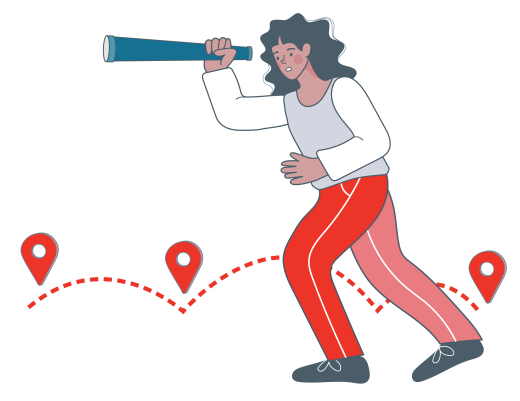 Illustration einer Frau mit dunklen Locken, die durch ein Fernrohr blickt, während im Hintergrund eine rote Pfad-Linie mit mehreren Standort-Pins verläuft