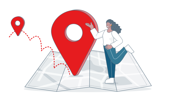 Illustration einer lächelnden Frau, die neben einem riesigen roten Standort-Pin auf einer auseinandergefalteten Landkarte steht