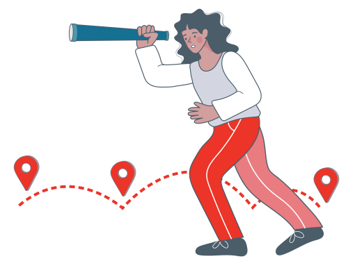 Illustration einer Frau mit dunklen Locken, die durch ein Fernrohr blickt, während im Hintergrund eine rote Pfad-Linie mit mehreren Standort-Pins verläuft